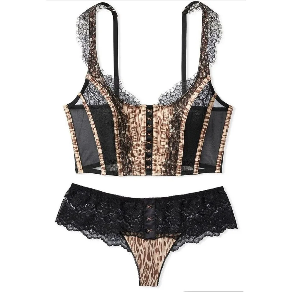 Victoria's Secret CORSET‎ LACE BRA TOP S-DD Thong S Set Black Leopard $108
